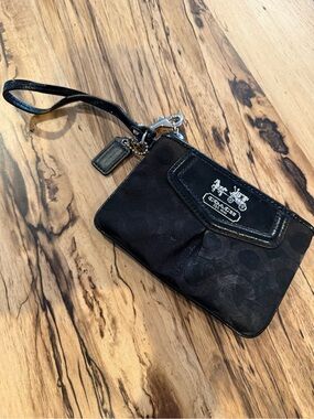 Coach Black Signature Wristlet with Silver Logo Accent